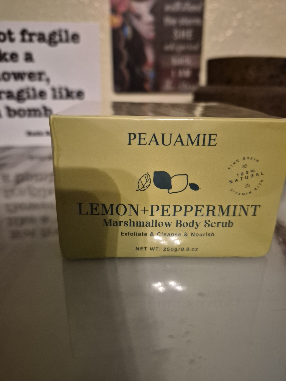 Peauamie Lemon + Peppermint Marshmallow Body Scrub.